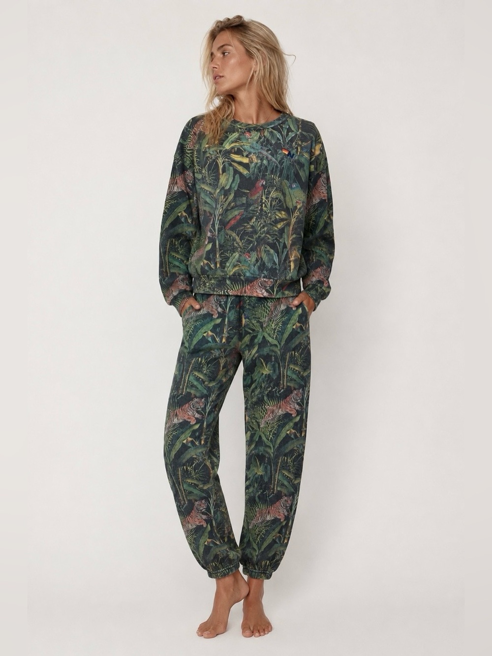 Aviator Nation Jungle Sweat Set Small XS Crew Sweatshirt Joggers Lounge Beachy